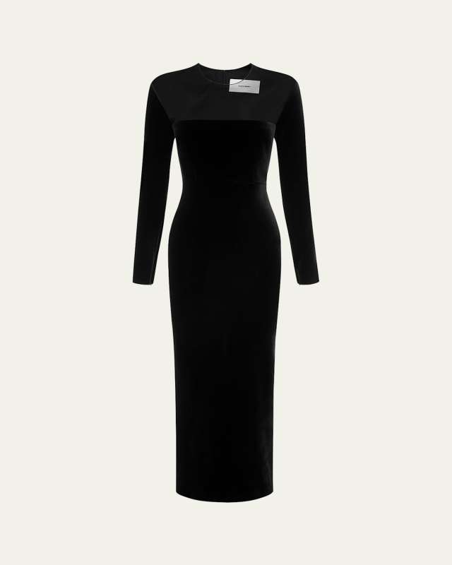 Velvet Long Sleeve Dress with Contrast Mesh Panel